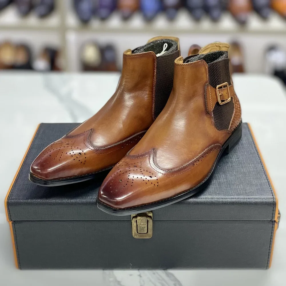 Men Formal Wear With Boots - 남성용 진짜 암소 가죽 앵클 부츠,